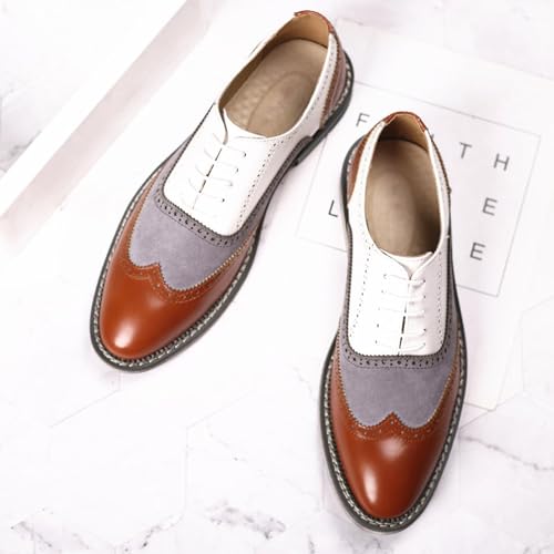 Men's Leather lace-up Brogues Dress Oxford Shoes Classic Wingtip Two Tone Derby Gatsby Prom Shoes Fashion Round Toe Business Formal Leather Shoes4