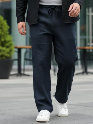 Image of Urbano Plus Men's Loose Fit Solid Linen Blend Trousers Non-Stretchable