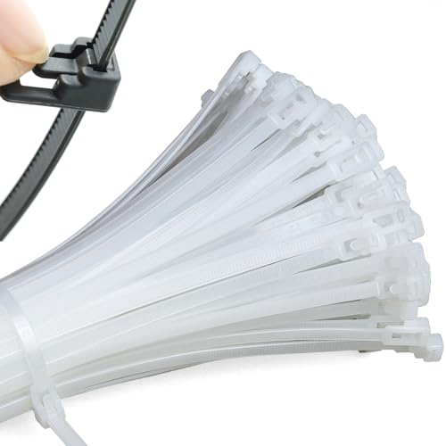Mgctolbox 100 pcs Collier de Serrage Plastique 300 x 4,8 mm, Serre Cable Blanc Réutilisables Résistants aux UV Pour Cable Management, Bricolage, Jardinage,...
