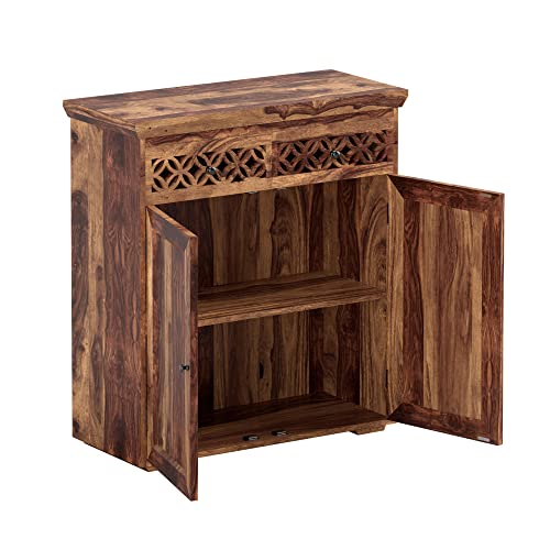 Image of SHIKHA WOOD CRAFT Solid Sheesham Wood Sideboard Cabinet with 2 Doors & 2 Drawers Storage | Wooden Kitchen Cabinet, Dining Room Organizer, Crockery Unit, Living Room Storage Furniture (Natural Finish)