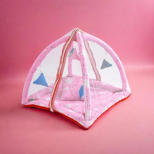 Image of Baby Bedding Set Glace Cotton Fabric || Playmat New Born Baby Kids Bed with Mosquito net and a Pillow || Color - Pink|| 1 piece||Gift Set, Single Size