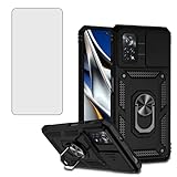Asuwish Phone Case for Xiaomi Poco X4 Pro 5G with Slide Camera Cover Tempered Glass Screen Protector Ring Holder Stand Rugged Slim Cell Protective Mi PocoX4Pro Women Men Military Grade Hybrid Black