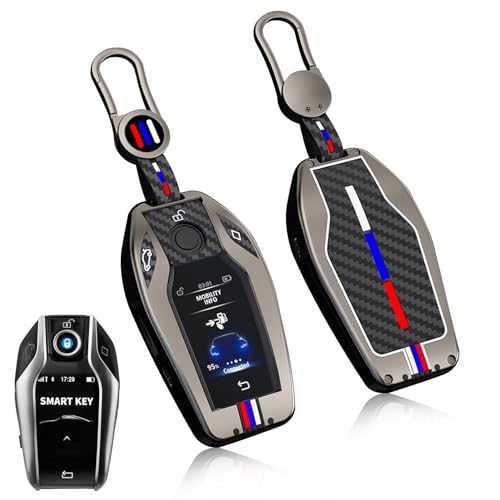 Jaronx Compatible With BMW Key Fob Cover 5' G30 G31/6' G32/7' G11 G12/X3 G01/X4 G02/X5 G05/X7 G07/i8, LCD Digital Touchscreen Smart Metal Key Cover Holder Carbon Fiber Pattern Rubber For BMW (1 Set)