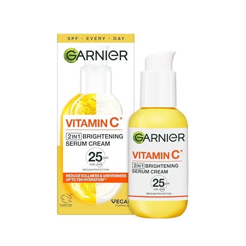 Garnier Vitamin C 2 in 1 Brightening Cream: Hydrating SPF 25 Moisturizer with 20% Vitamin C Serum. Hydrates, Protects and Reveals Bright Glowing Skin. Organic, Cruelty-Free, 50ml. All Skin Types