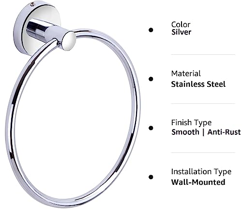 Image of USF Round Napkin Towel Ring for Bathroom, 304 Stainless Steel Hand Towel Holder for Wash Basin, Wall Mounted Bath Accessories, Anti Rust Silver Finish, 3 Years Warranty