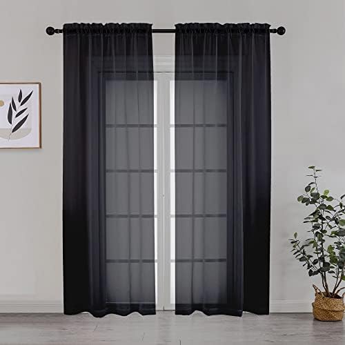 Simplebrand Black Sheer Curtains 84 Inches Long, Light Filtering Rod Pocket Solid Color Window Sheer Curtain Panels, Elegant Curtains & Drapes for Living Room, Bedroom 2 Panels (Black, 2x42x120'')