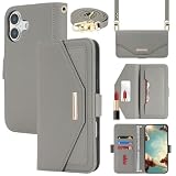 【Hamany】 対応 iphone 16 ケース 手帳型 ショルダー 鏡 あいふおん16ケース ストラップ付き ミラー カード収納 財布 スマホケース iphone 16 クロスボディケース 肩がけ 首掛け 斜め掛け 耐衝撃 レザー 携带カバー -ダークグレー