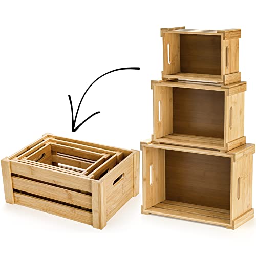 Lawei Set Of 3 Bamboo Nesting Crates With Handles, Rustic Decorative Storage Container Box, Crate Box For Display, Farmhouse Bamboo Basket Bins For Fruit, Vegetable, Kitchen, Office, Bedroom, Closet #TOP3