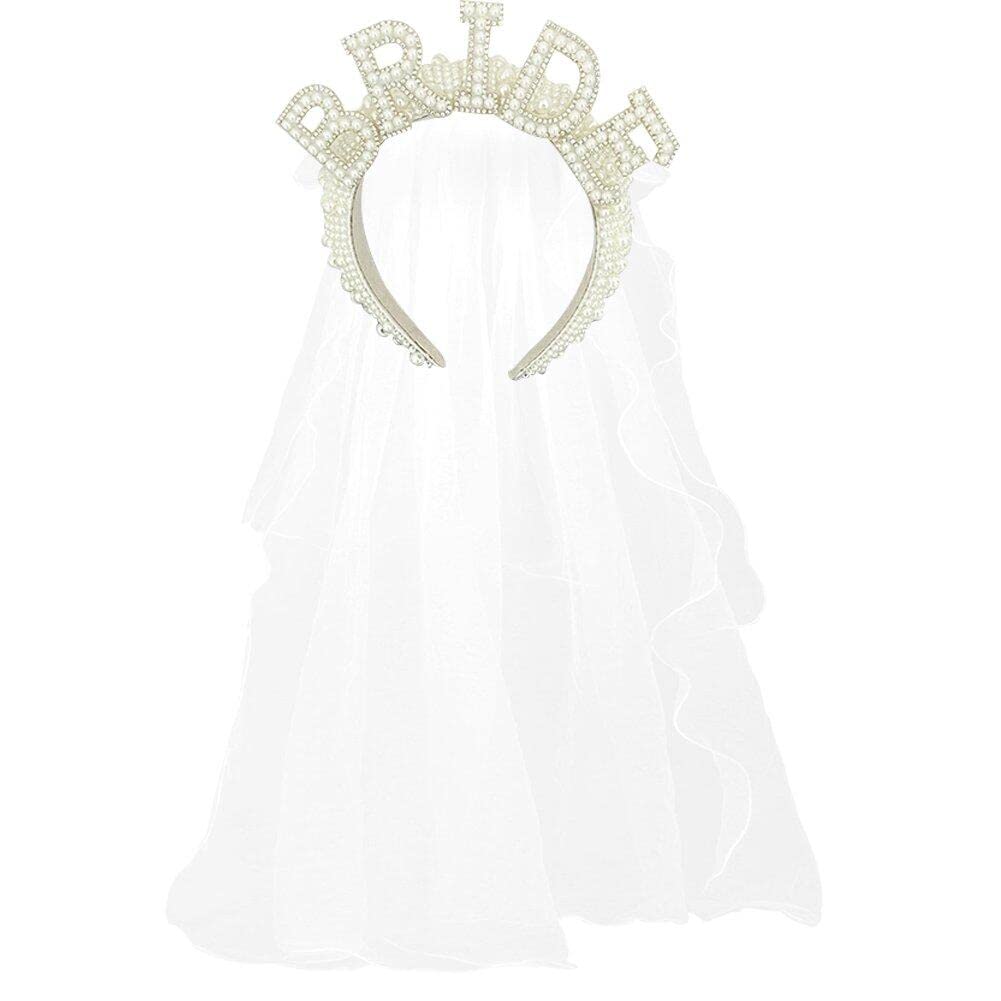 Diadema de Perlas para Novia con Velo, Tocado de Boda romántico, Banda para el Cabello Elegante, Accesorios para el Cabello para Compromiso, Fiesta de Boda