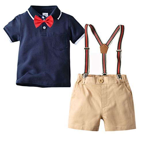Baby Boys' Little Gentleman Suit Clothes Set for 1-5T Kids Toddler Newborn Bowtie Shirt+Striped Suspenders Shorts 2Pcs Outfits (Dark Blue, 3-4 Years Old)