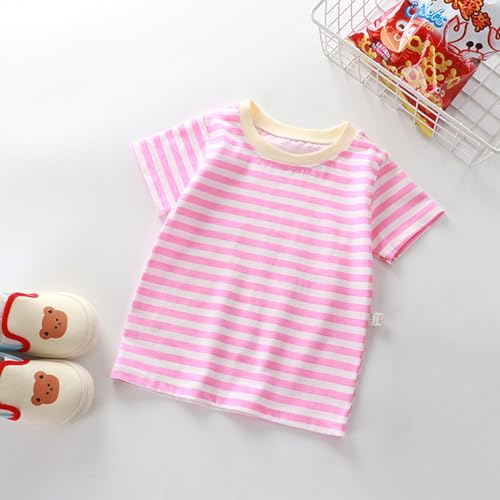 2026 - Camiseta a rayas de manga corta para niños de verano de algodón puro para niños y niñas, camiseta básica para bebés, Rosa., 6-12 meses