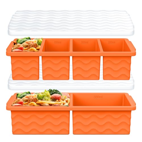 Image of Silicone Freezer Trays with Lid for Soup, 1-Cup & 2-Cup Large Ice Cube Molds Food Storage Containers for Meal Prep, Freeze 500mL /250mL /125mL Portions - 2 Pack