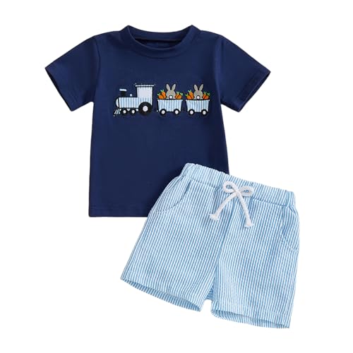 Image of Toddler Baby Boy Easter Rabbit Outfit Short Sleeve Bunny Carrot Smocked T-shirt Elastic Waist Shorts Summer Clothes