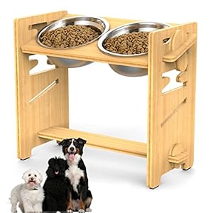 Vanbing Hundenapf erhöht mit Ständer, Hundebar höhenverstellbar Futternapf für Großen Hunde, haltbar Futterbar Futterstation Bambus mit 2 Edelstahlnäpfen und Rutschfesten Füßen