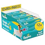 Pampers Fresh Clean Feuchttücher, 12 Packungen mit 80 Stück (960 Stück), zart duftende Reinigung auch für Hände & Gesicht