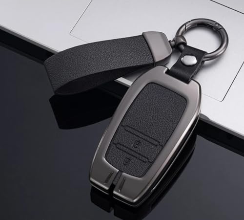 Image of Zinc Metal Alloy Leather Car Key Cover & Case Black with Keychain & Holder fit for Toyota Fortuner, Legender, Innova Crysta, HyCross, Land Cruiser, Hilux (2 BT Push Smart)