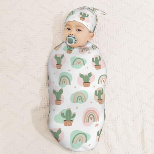 Image of Cactus On Summer Newborn Swaddle Blankets Hat Sets Soft Baby Receiving Blanket Swaddle Sack for Baby Shower Infant Boy Girl Gift