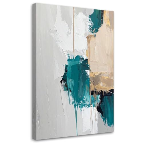 Peinture abstraite salon turquoise gris beige décoration murale toile 40x60