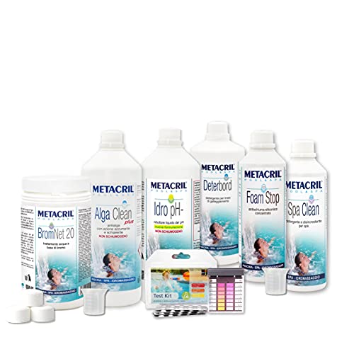 KIT BROM SPA contiene tutti i prodotti per una ottimale manutenzione e un'idonea gestione della qualità dell'acqua di piscina o Spa idromassaggio.