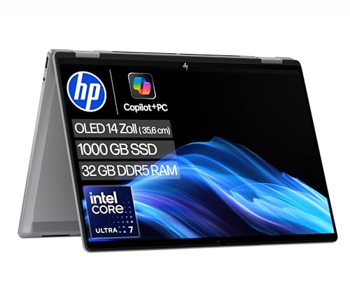 HP OmniBook X Flip 2in1 Next Gen AI Laptop | Intel Core Ultra 7 258V | dedizierte NPU für KI | 47 NPU Tops | Copilot+ PC | 14' 3K 2880x1800 OLED Touchscreen | 32 GB | 1TB SSD | Win11 | QWERTZ | Silber