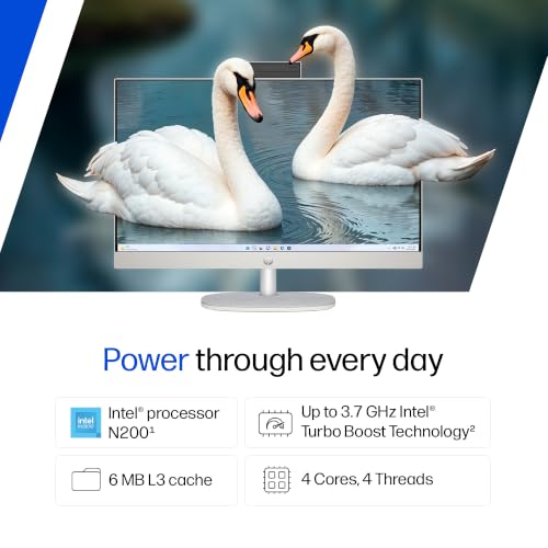 Image of HP All-in-One, Intel Processor N200 (8GB DDR4, 512GB SSD) FHD, IPS, Anti-Glare, 23.8''(60.5cm), Win11, M365* Office 24, Shell White, 5.26kg, FHD IR tilt Camera, 24-cr0302in Desktop