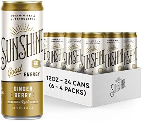 Sunshine Sparkling Energy Drink, Ginger Berry, Vitamin B12, Electrolytes, 70mg Natural Caffeine, 12oz, (Pack of 24)