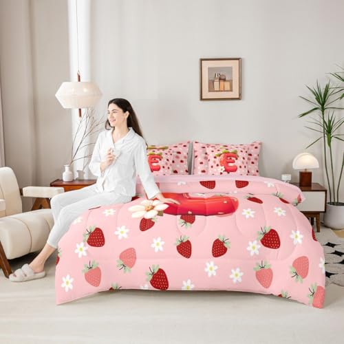 Image of Feelyou Girls Pink Red Strawberry Comforter Set with Sheets 7 Piece Full Size Initial Letter E Bedding Set for Kids Boys Girls Princess Strawberry Bed in a Bag Room Decor Soft Lightweight Microfiber