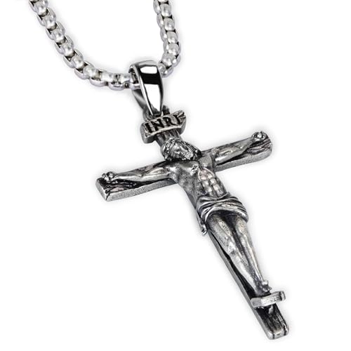 Kuschelkatze 925 Sterling Silver Crucifix Necklace, Jesus Cross Necklace for Men, Christian Jewelry for Men Women, Protection Amulet Pendant