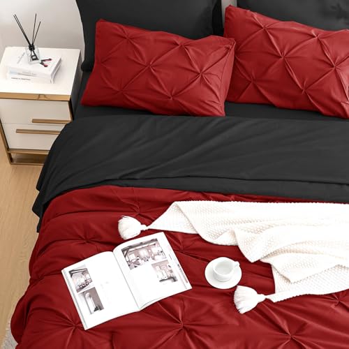 Ubauba 7pc Full Size Comforter Set with Sheets, Red and Black Pintuck 7 Pieces Bed in a Bag with Comforter, All Season Bedding Comforters & Sets (Red and Black,Full)