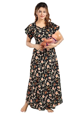 Image of CLOUD SOFT Women's Rayon Cotton Floral Printed Maternity Feeding Gown | Full-Length Nursing Nighty with Zipper | Pre & Post Pregnancy Dress (CS11004-5 MT All)