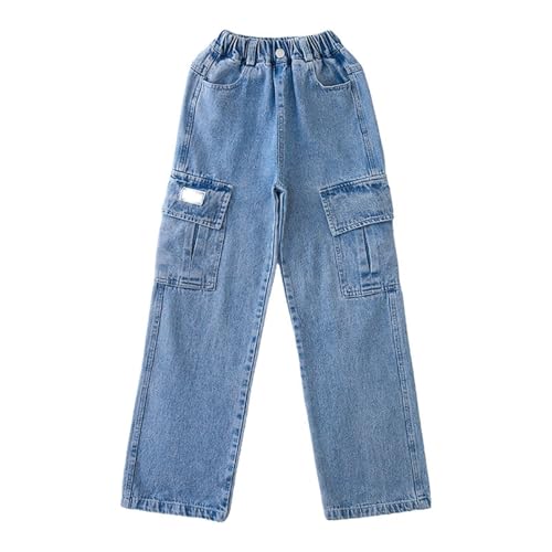 Kids Girls Streetwear Denim Cargo Pants High Elastic Waist Length Baggy Wide Leg Jeans Clothes Vintage Trousers (c-A, 4-5 Years)2