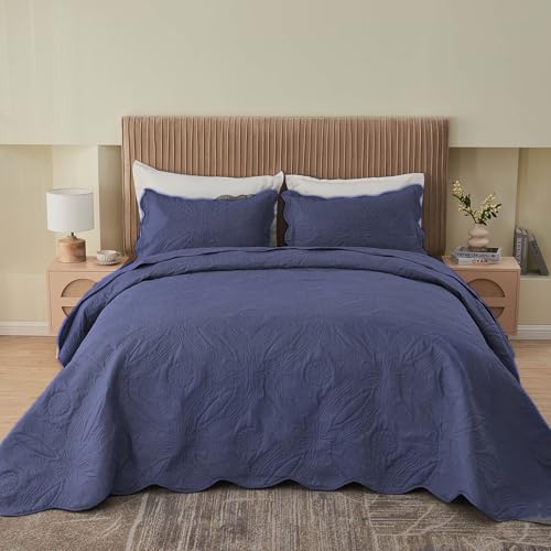 Image of Kingnex King Size Bedspread Soft Lightweight Quilted Coverlet Set 3 Pieces 1 Quilt 2 Pillow Shams Blue