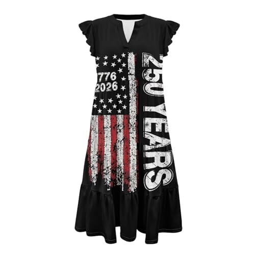 Image of Women's Casual Ruffle Sleeve Dress V Neck Pullover Dress Flowy A-Line Pleated Lightweight Dress with Pockets