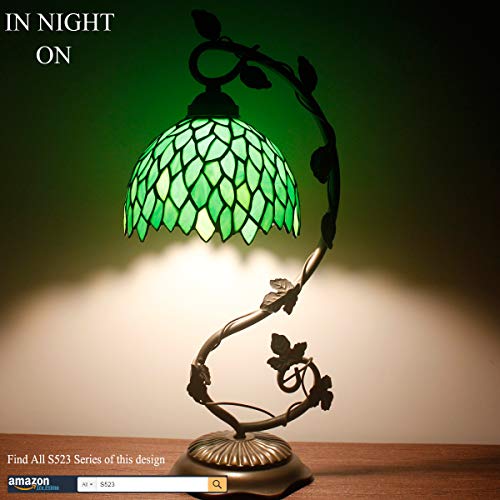 Werfactory Tiffany Style Lamp Green Wisteria Stained Glass Table Desk Reading Light, Metal Leaf Base 8X10X21 Inches Decor Small Space Bedroom Home Office S523 Series #TOP5