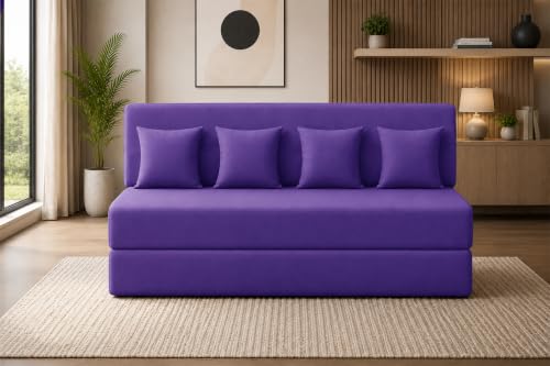 Image of Sofa Cum Bed with Jute Fabric, Convertible Four Seater Sofa Bed 6x6 Ft, Comfortable Cushioned Seating, Space Saving Design for Living Room, Bedroom & Guest Room - Purple Color