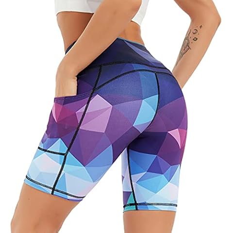 COOLOMG Women's Yoga Shorts Running Shorts Cycling Shorts Sports Trousers with Pockets Gym Fitness Workout Leggings High Waist Opaque Multi-way, Geometry_Purple, L Cover