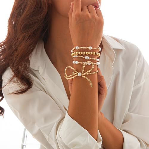 MIFYNN Gold Bow Bracelet for Women Gold Beaded Bracelets Stretch Bead Ball Bracelets Pearl Stackable Bracelets Adjustable Gold Jewelry for Women3