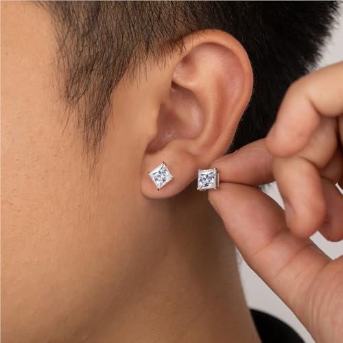 Moissanite Earrings for Men, 2/3CT Lab Created D Color VVS1 Princess Cut Moissanite Stud Earrings for Men, 925 Sterling Silver Earring Hypoallergenic Jewelry Gift2