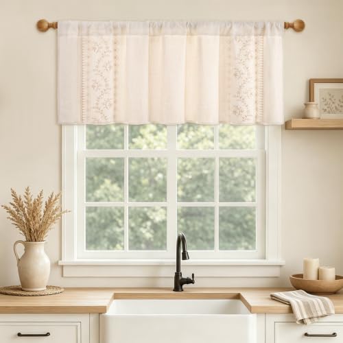 Image of Yinhua Boho Valances for Windows Beige Embroidered Floral Valance Curtains, Farmhouse Light Filtering Window Valances Rod Pocket Kitchen Valance Curtains for Living Room, Bathroom, 52 inch W x 18 inch L