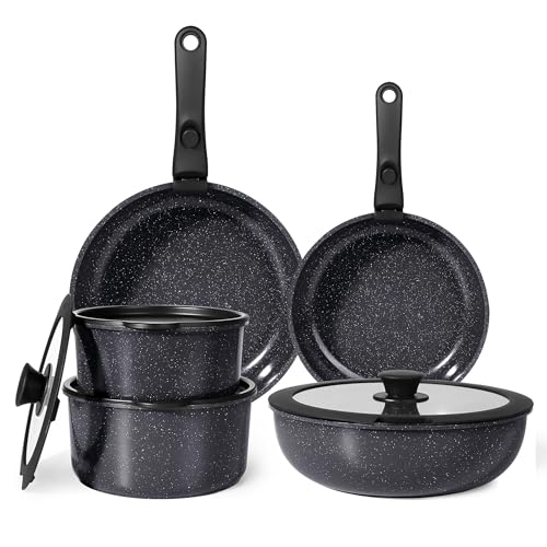 GiPP Keramik Topfset mit Abnehmbarer Griff, 11-Teilig Topf und Pfannenset mit Antihaft Beschichtet, Topfset Induktion Kochtopf Set, Backofenfest, für Alle Herdarten, PTFE/PFOA-frei, Schwarz