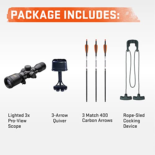 Wicked Ridge Raider 400 De-Cock Crossbow, Peak Xt - 400 Fps - The Most Affordable De-Cocking Crossbow - Includes Lighted 3X Pro-View Scope, Rope-Sled & Three Match 400 Carbon Alpha-Nock Arrows #TOP2