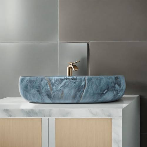 Image of Designer Counter Top Wash Basin | Tabletop Ceramic Bathroom Sink | Wash Basin Over Counter | Wash Basin For Bathroom, Living Room (24 x 15 x 6 Inch) (Designer Blue)