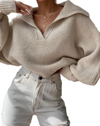Women V Neck Oversize Knitted Sweater Ribbed Puff Sleeve Casual Loose Sweaters Winter Solid Pullover Top Jumpers