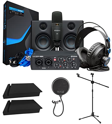 PreSonus AudioBox Studio Ultimate Bundle 25th Anniversary Edition with Studio Monitors and Studio One Artist, Blucoil Adjustable Mic Stand, Pop Filter Windscreen, and 2-Pack of Acoustic Isolation Pads