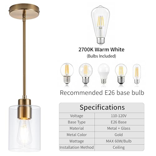 Image of MAYNA 3-Pack Brushed Brass Dining Room Light Fixtures, Modern Gold Pendant Lighting Over Island, Adjustable Rods Glass Chandelier for Kitchen Table (Bulbs Included)