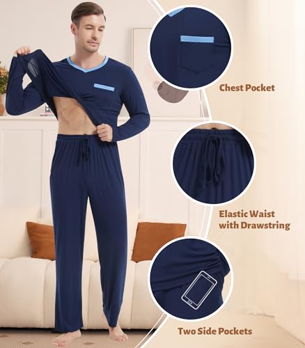 Image of NACHILA Pajamas for Men-Viscose Made from Bamboo, Long Sleeve Pajamas Set Comfy Sleepwear Pants Soft V Neck Pjs with Pockets