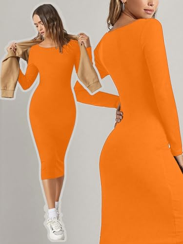 Image of Aahwan Orange Solid Round Neck Solid Bodycon Midi Dress for Women's & Girl's