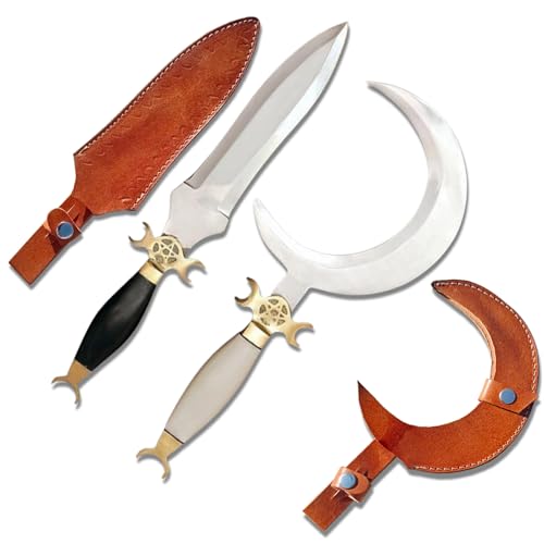 Druid's Crescent Moon Ritual Athame Curved Knife, 2Pcs Crescent Moon Shaped Knives Set made from Carbon Steel Blade, Crescent Knife Camel Bone Handle, Athame Ritual Knife Horn Handle