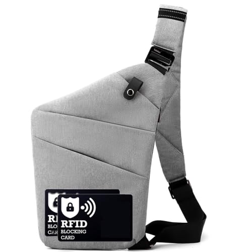 Image of Anti Theft Crossbody Bags for Women Men, Multi-Pocket Shoulder Bag, Slim Sling Bags with 2 RFID Blocking Card (Left Shoulder-Light Gray)
