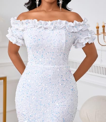 Image of dasmzper Women Sexy Sequin Off Shoulder Ruffle Short Sleeve Bodycon Mermaid Party Formal Evening Maxi Dress